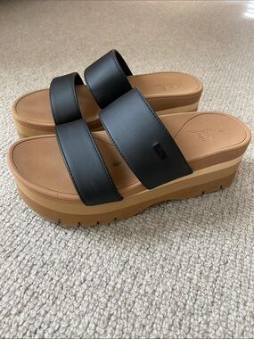 Reef Black Double-Strap Platform Slide Sandals with Tan Sole
